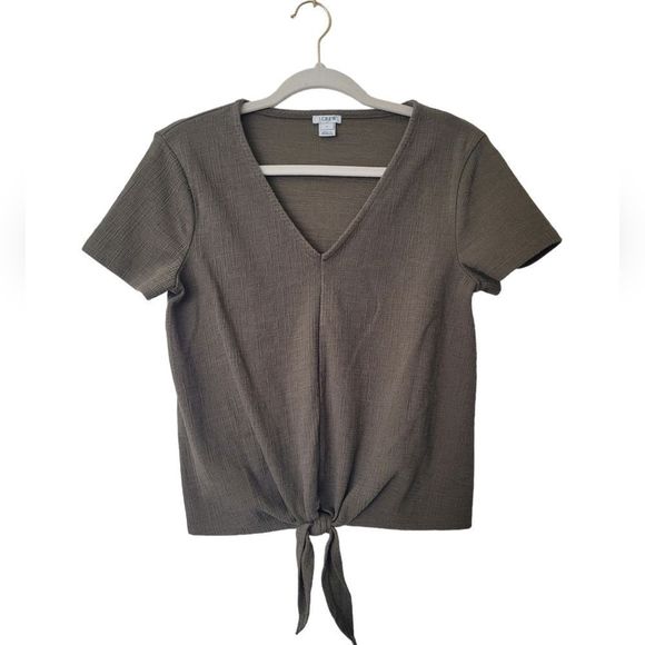 J Crew Olive Textured V-neck Tie-Front Tee - Picture 1 of 5